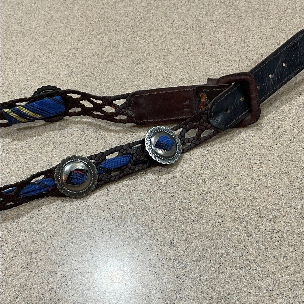 Vintage Braided Leather Belt with Concho’s and Blue Fabric